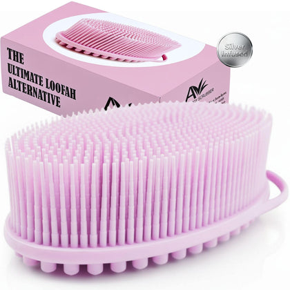 Avilana Silicone Body Scrubber front view in pink-silver