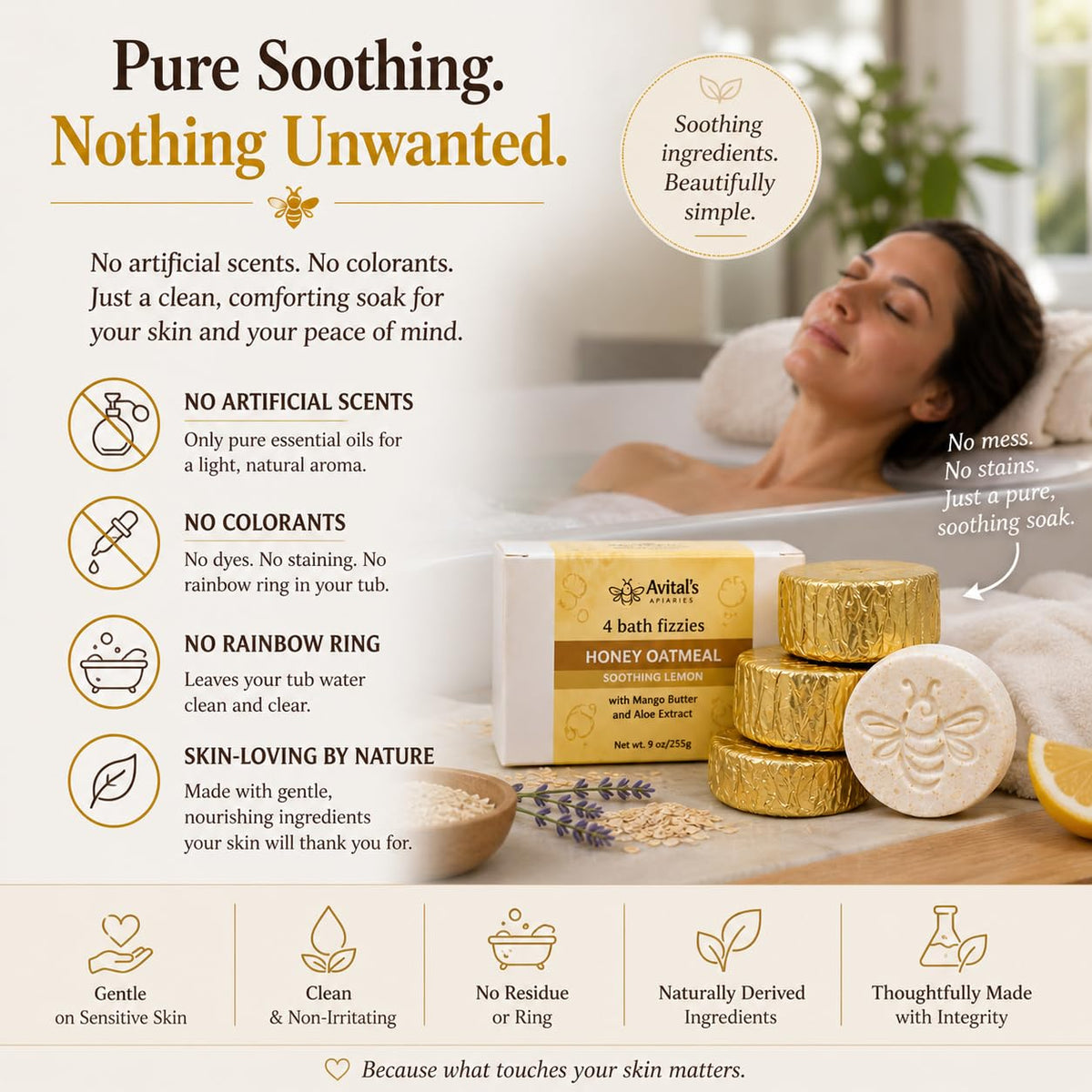 Avital's Apiaries Colloidal Oatmeal Bath Bombs arranged on a wooden surface