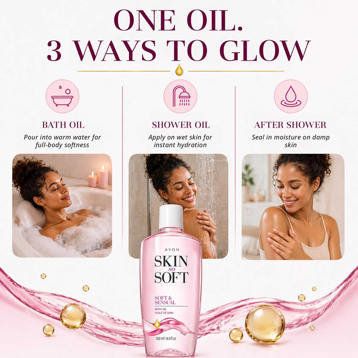 AVON Skin So Soft Bath Oil in a relaxing bath setting