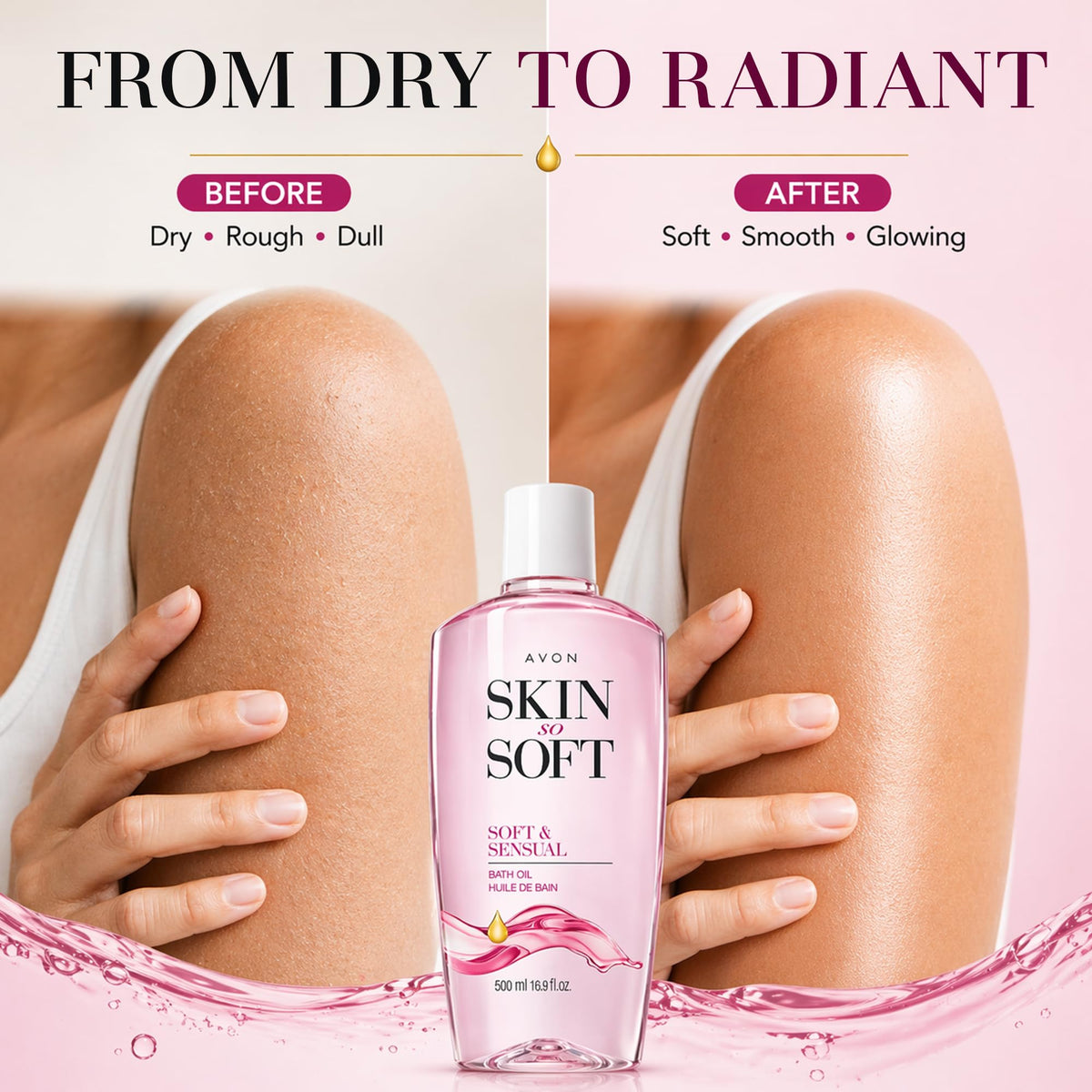 AVON Skin So Soft Bath Oil pouring onto wet skin