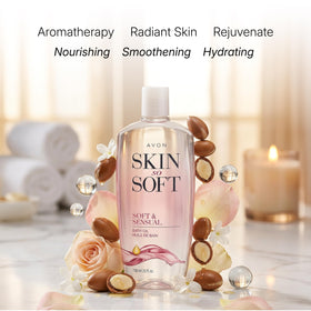 AVON Skin So Soft Bath Oil with a serene spa background