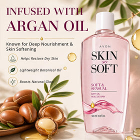 AVON Skin So Soft Bath Oil with argan oil ingredient close-up