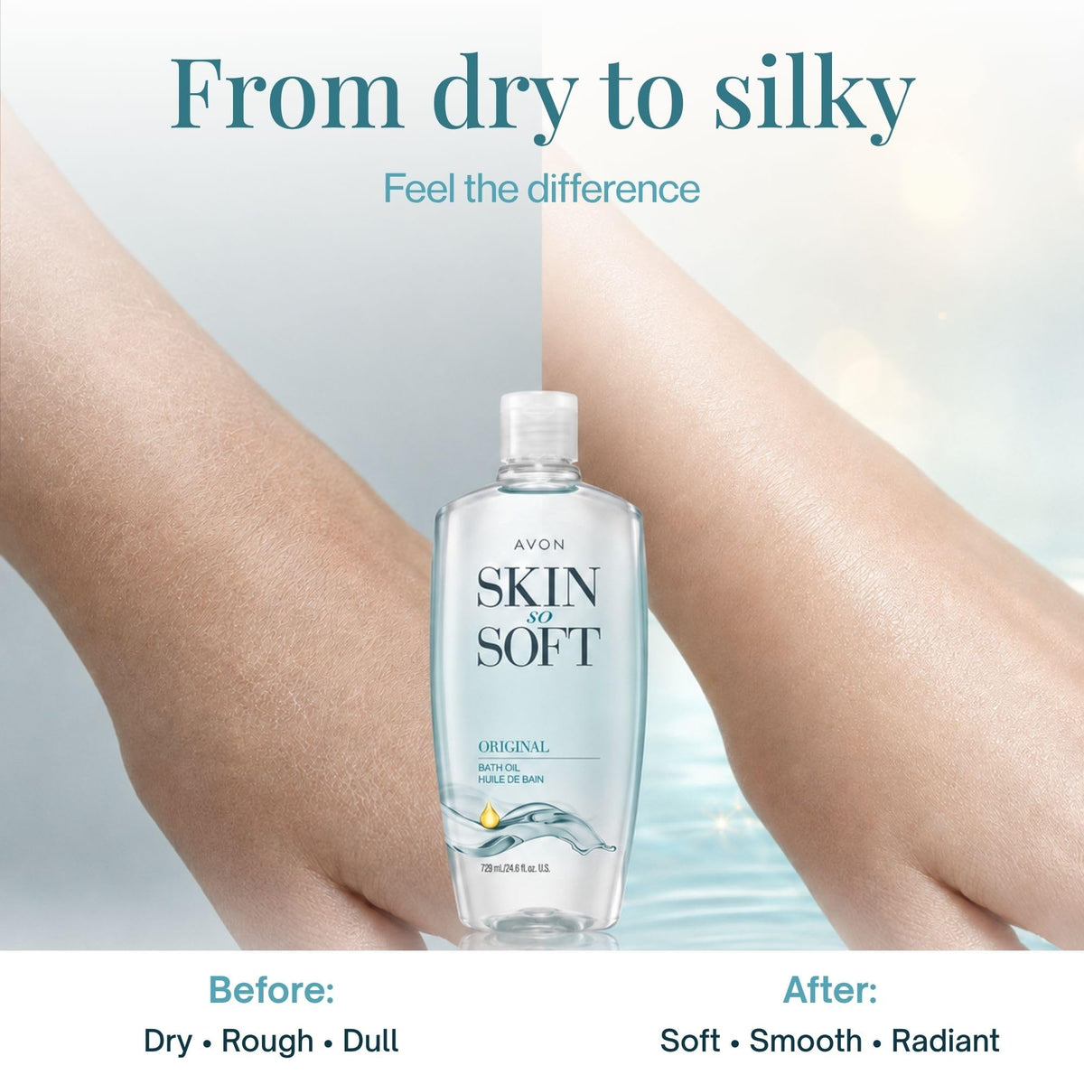 AVON Skin So Soft Original Bath Oil bottle on a bathroom counter