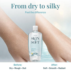 AVON Skin So Soft Original Bath Oil bottle on a bathroom counter