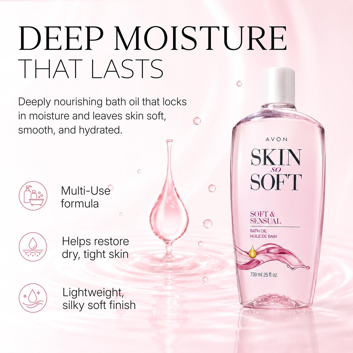 AVON Skin So Soft Soft & Sensual Bath Oil bottle with argan oil