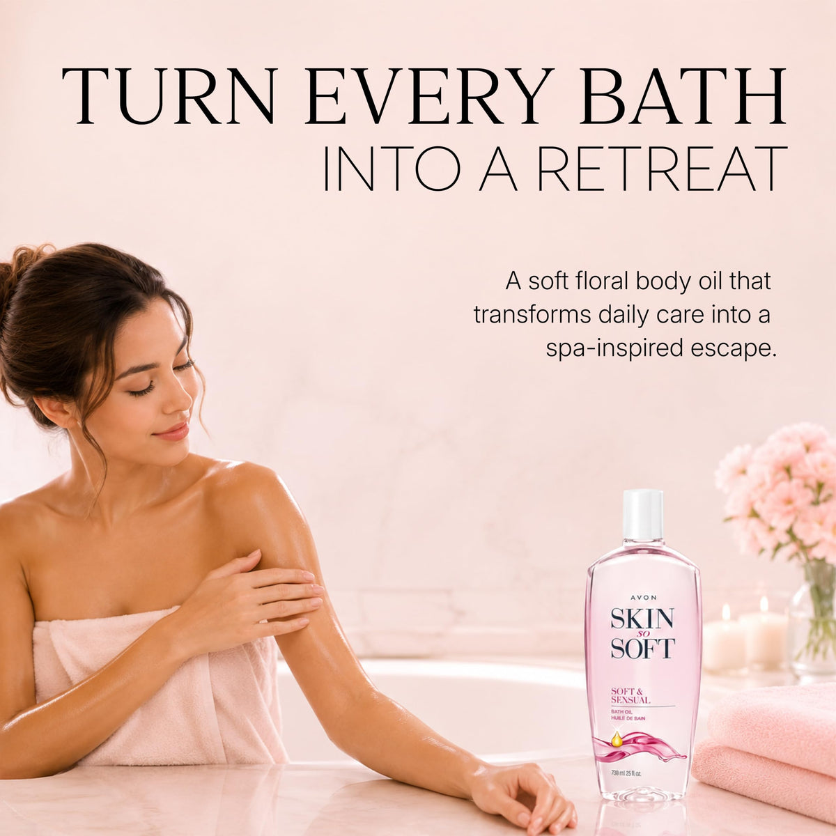 AVON Skin So Soft Soft & Sensual Bath Oil in a relaxing bath setting