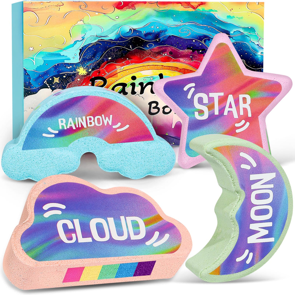 AWKUWA Rainbow Bath Bombs for Kids front view with colourful packaging