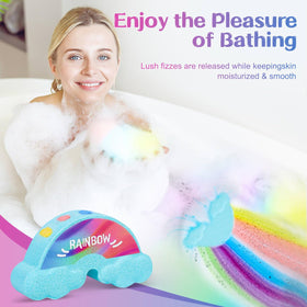 AWKUWA Rainbow Bath Bombs in a bathtub setting with bubbles