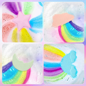 AWKUWA Rainbow Bath Bombs showing vibrant rainbow effect in bath