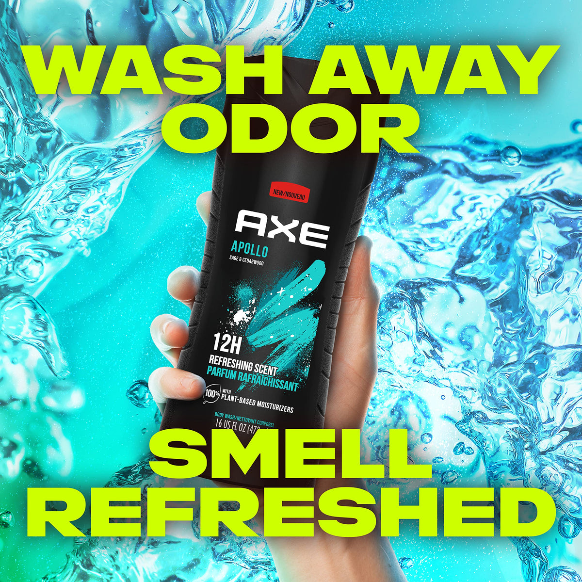 AXE Apollo Body Wash bottle in a shower setting