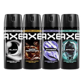 AXE Body Spray 4 Pack with Apollo, Phoenix, Black, and Dark Temptation