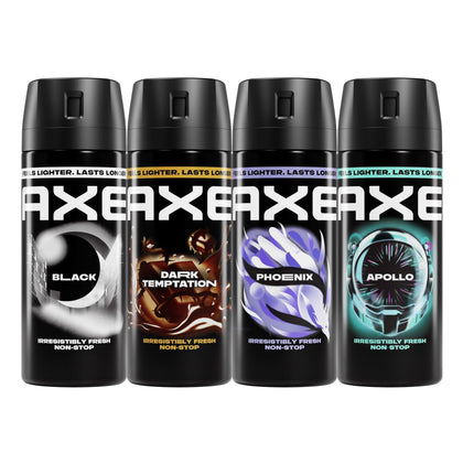 AXE Body Spray 4 Pack with Apollo, Phoenix, Black, and Dark Temptation