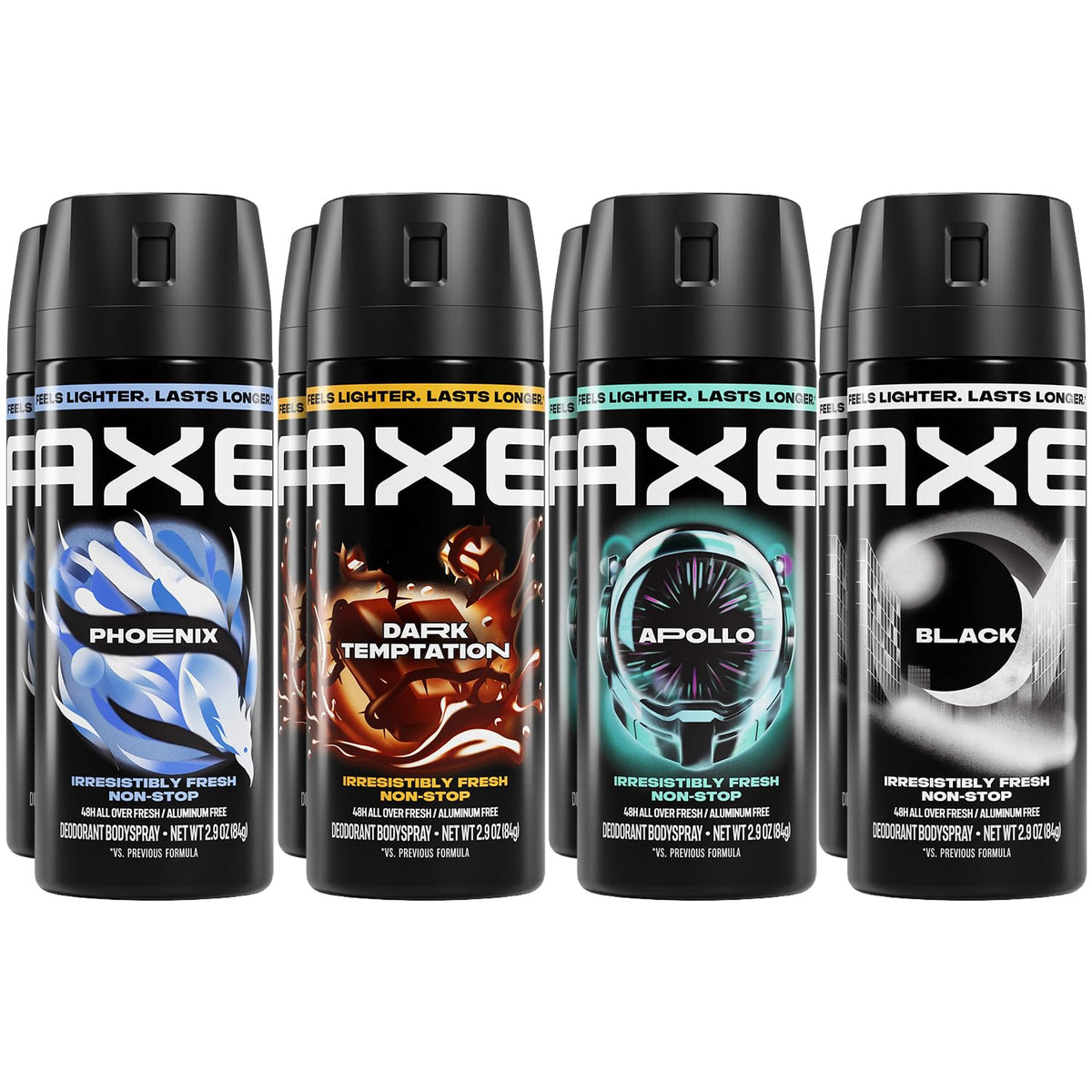 AXE Body Spray XL Variety 8-Pack featuring Apollo, Phoenix, Black, and Dark Temptation scents