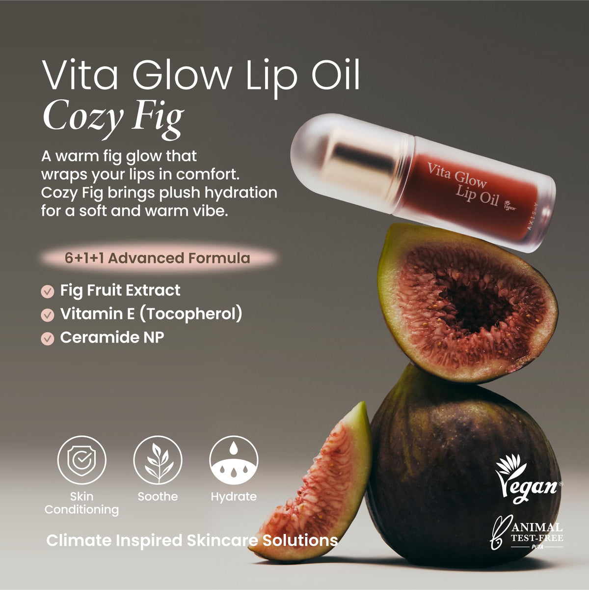 AXIS-Y Vita Glow Lip Oil Cozy Fig side view showing applicator