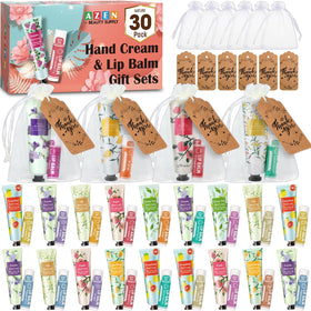 AZEN 30 Sets Hand Cream and Lip Balm Gift Set with Organza Bags