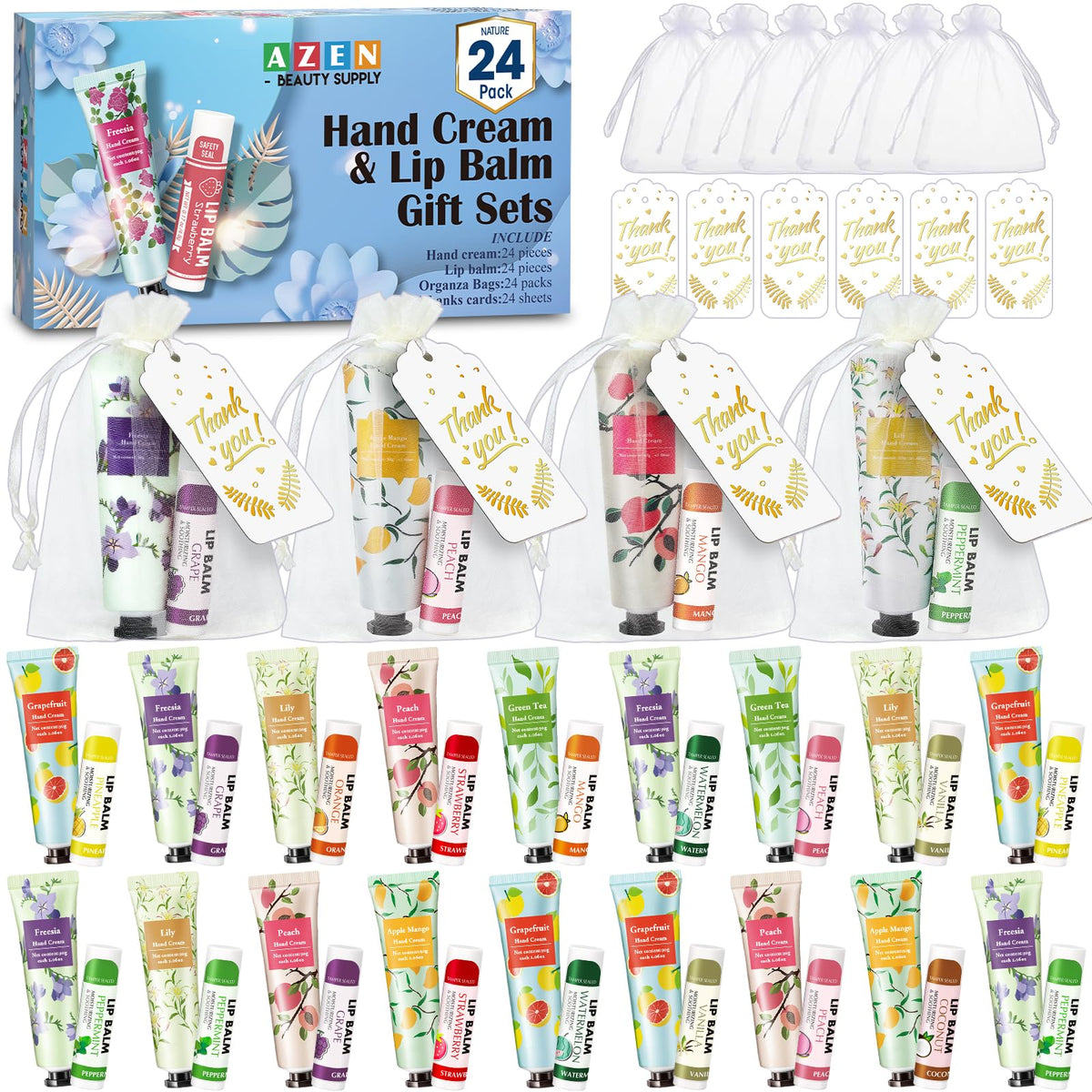 AZEN Hand Cream and Lip Balm Bulk Set with Organza Bags