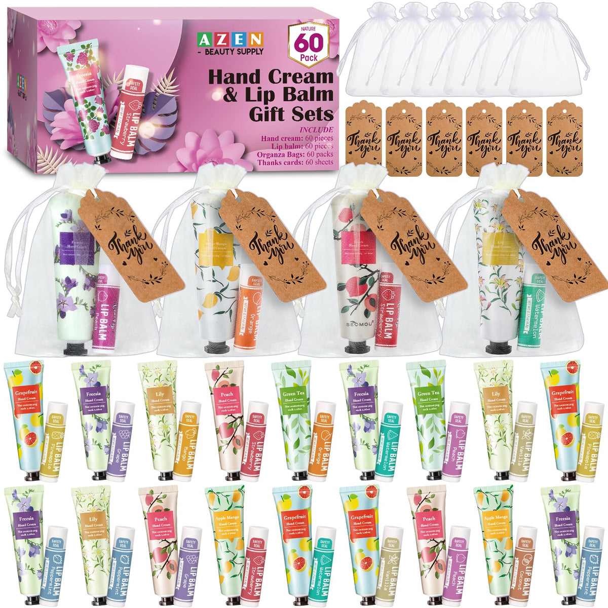 AZEN Hand Cream and Lip Balm Gift Set with Organza Bags