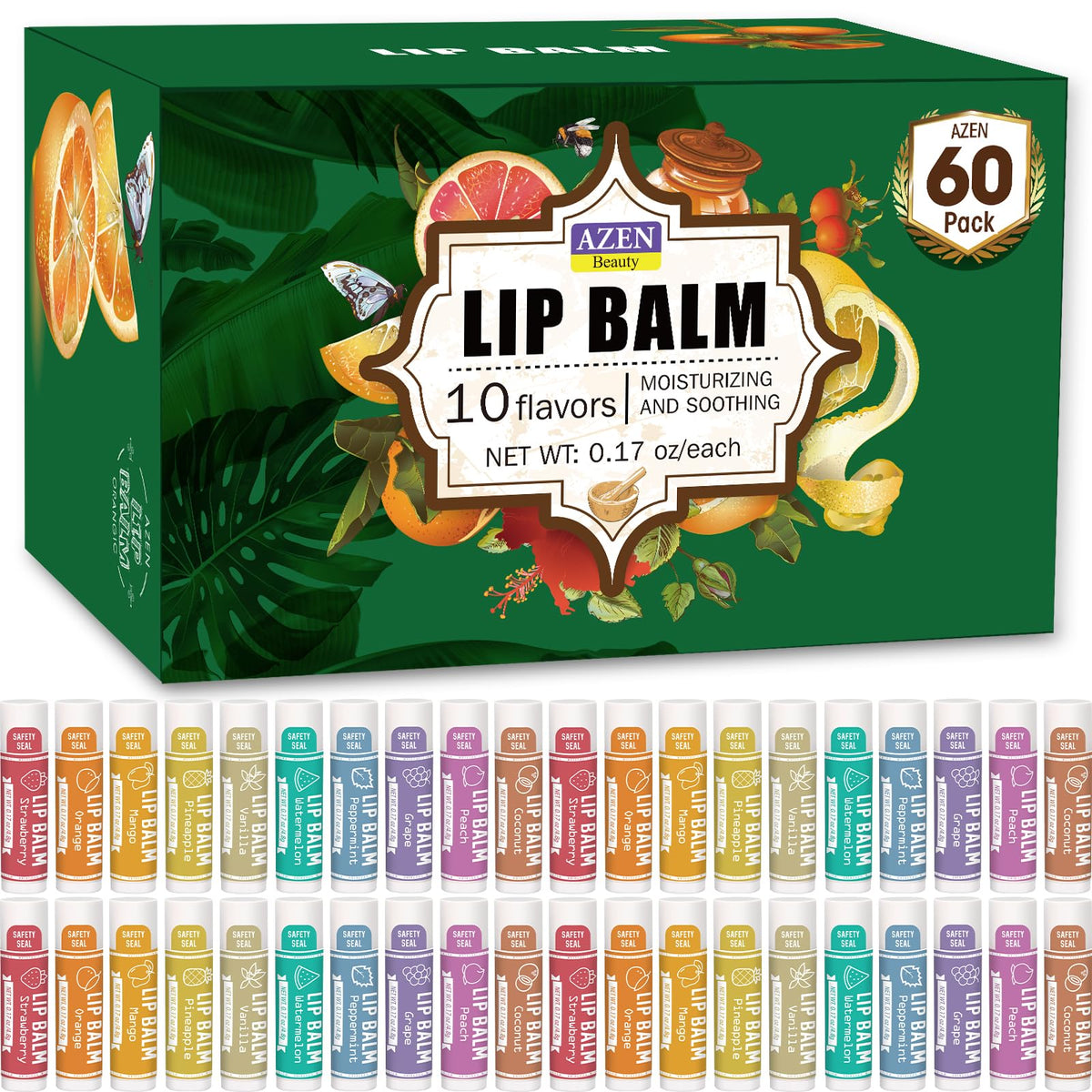 AZEN Natural Lip Balm 60 Pack assorted flavours front view