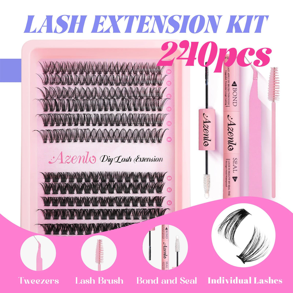 Azenlo Lash Extensions 240pcs cluster lashes displayed on tray