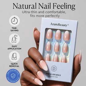 AZUREBEAUT Short Almond Ombre Press On Nails displayed with nail file and cuticle stick