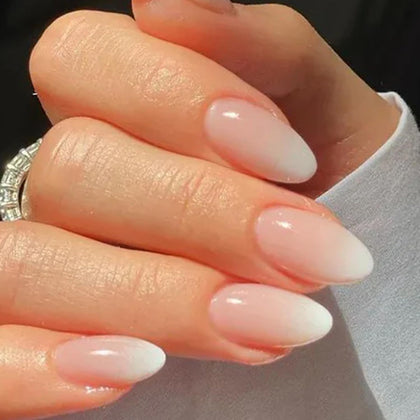 AZUREBEAUT Short Almond Ombre Press On Nails in soft peach front view