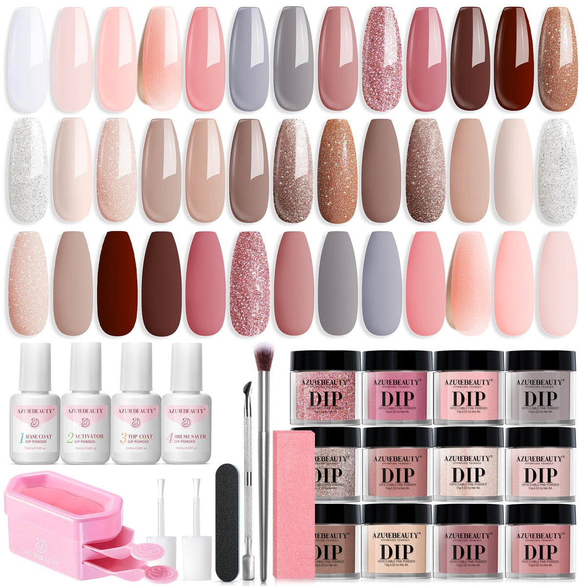 AZUREBEAUTY 31 Pcs Dip Powder Nail Kit with 20 colours and tools