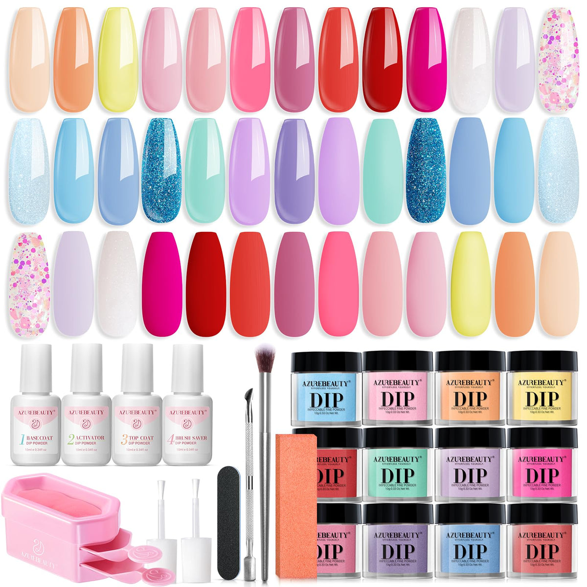 AZUREBEAUTY 31Pcs Dip Powder Nail Kit front view with pastel colours