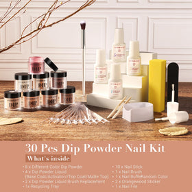 AZUREBEAUTY dip powder liquid set displayed with colour powders