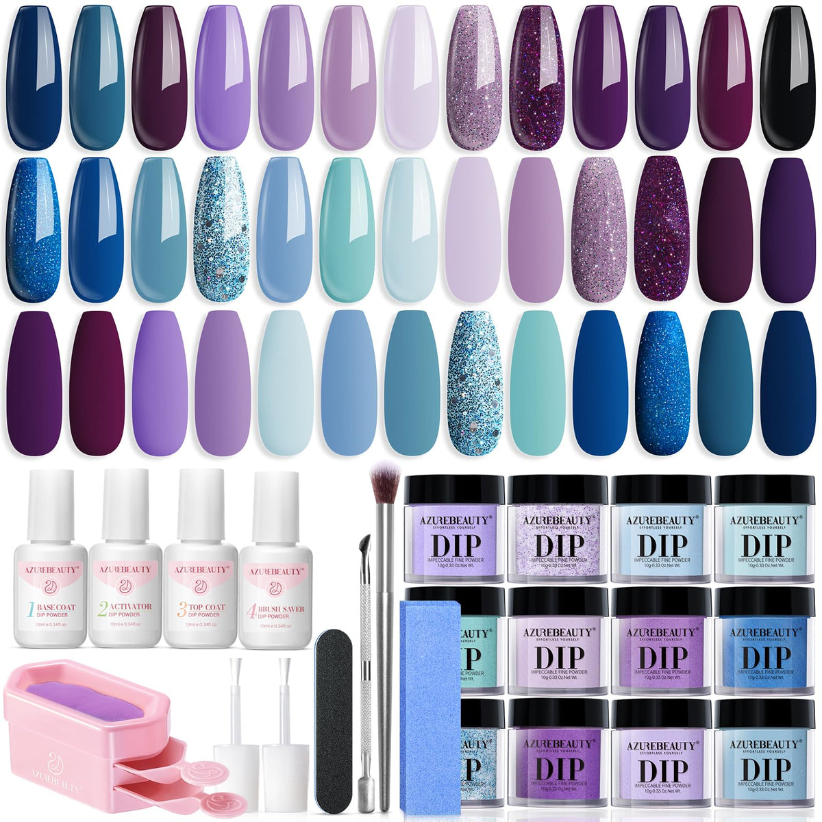 AZUREBEAUTY Dip Powder Nail Kit 31 Pcs with 20 colours displayed