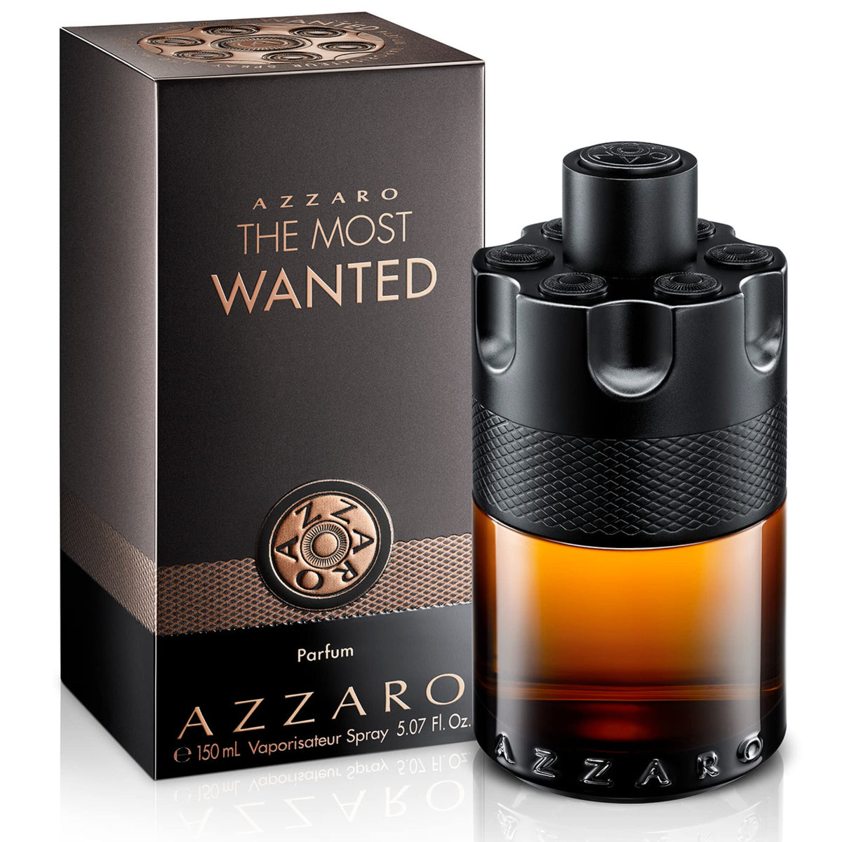 Azzaro The Most Wanted Parfum 5.07 Fl Oz front view with black barrel bottle