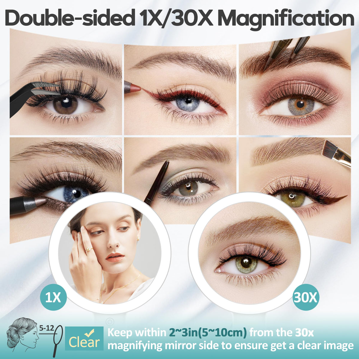 B Beauty Planet 30X Magnifying Mirror with three light settings displayed