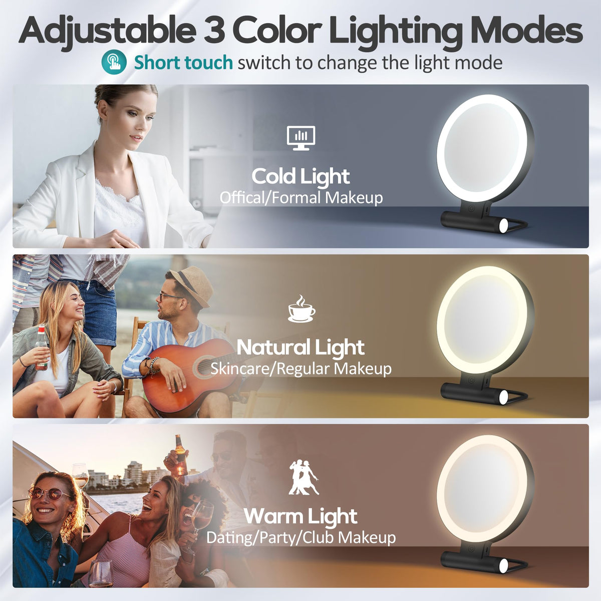 B Beauty Planet Magnifying Makeup Mirror showing adjustable brightness feature