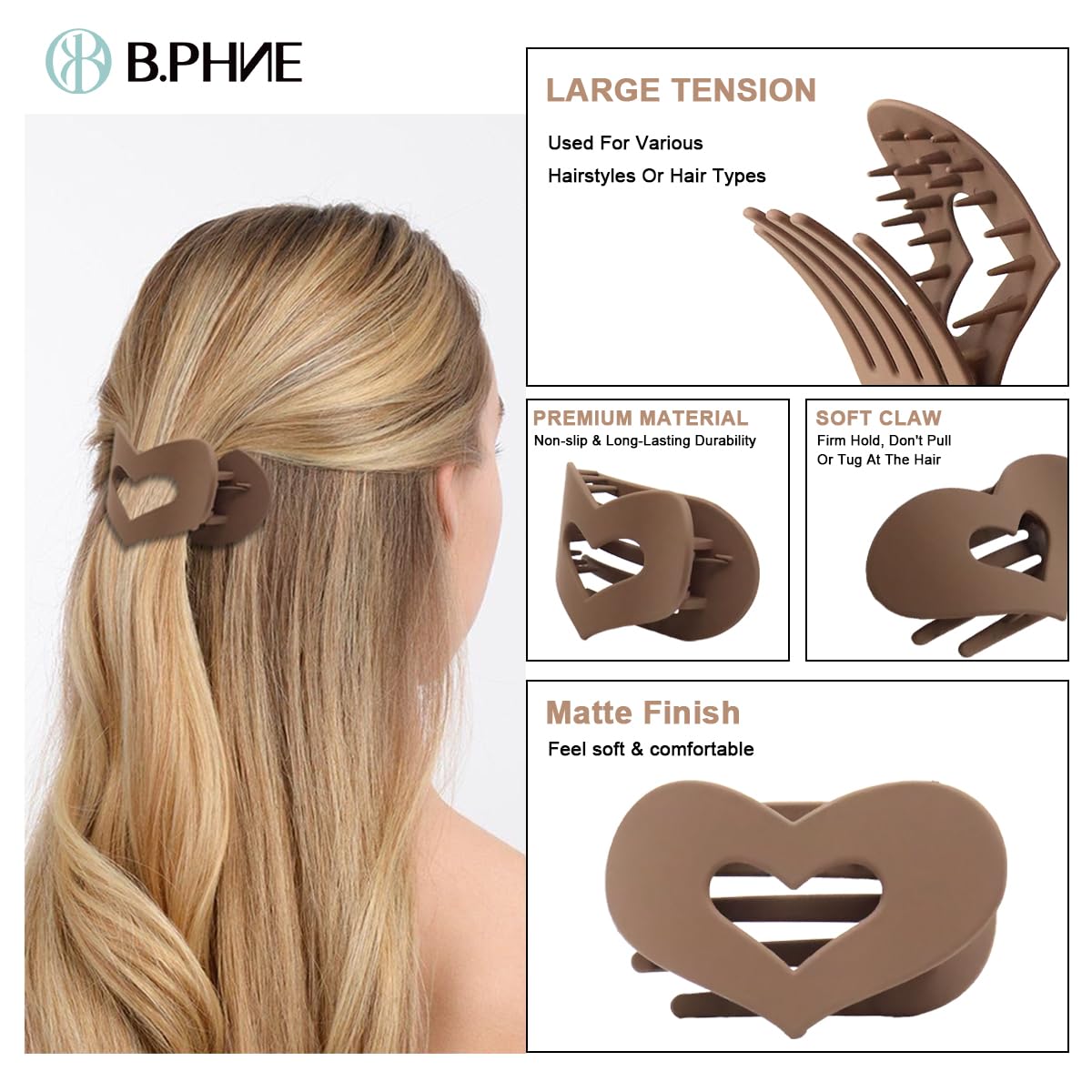 B.PHNE hair claw clip holding a half-up hairstyle