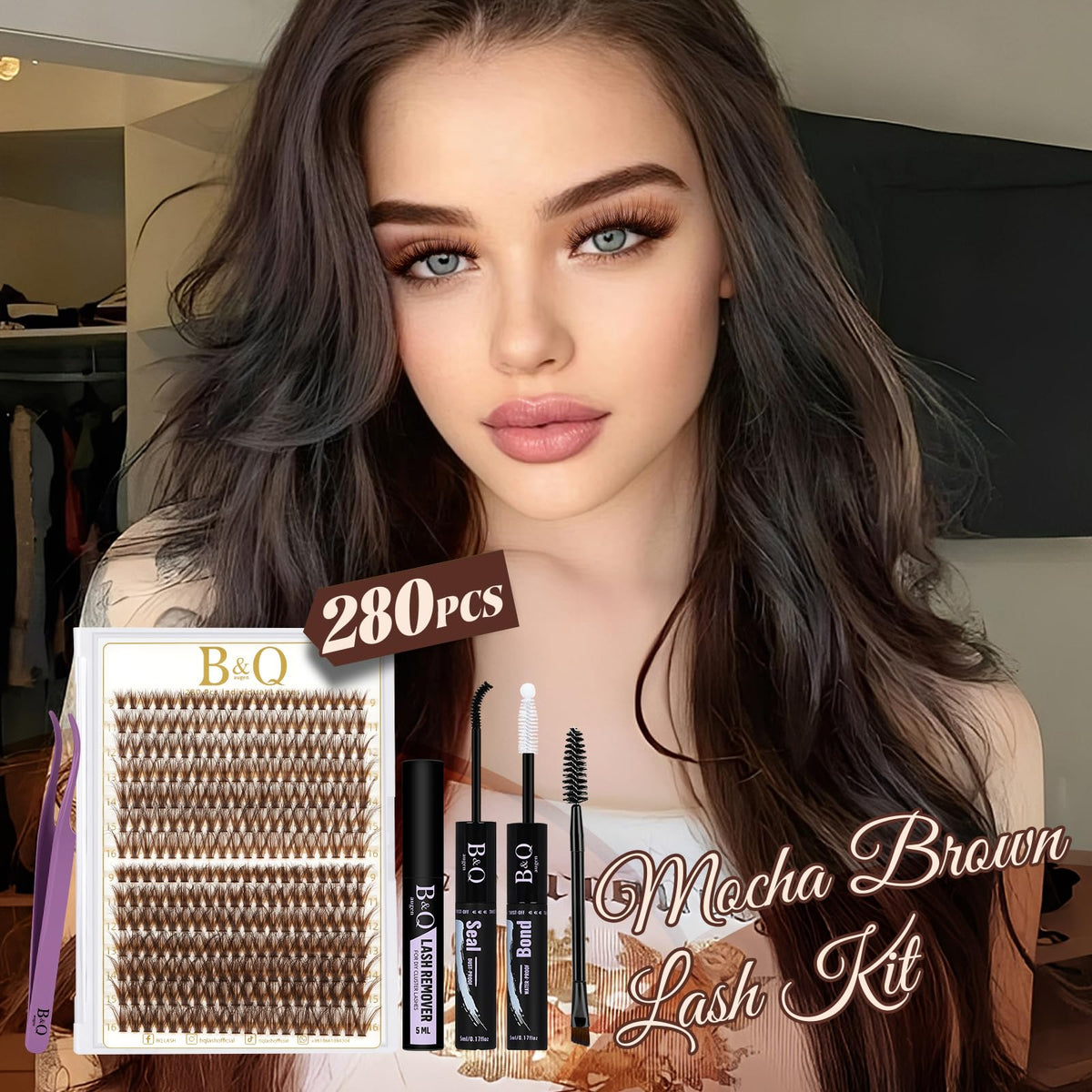 B&Qaugen Brown Lash Clusters Kit contents including tweezers and remover