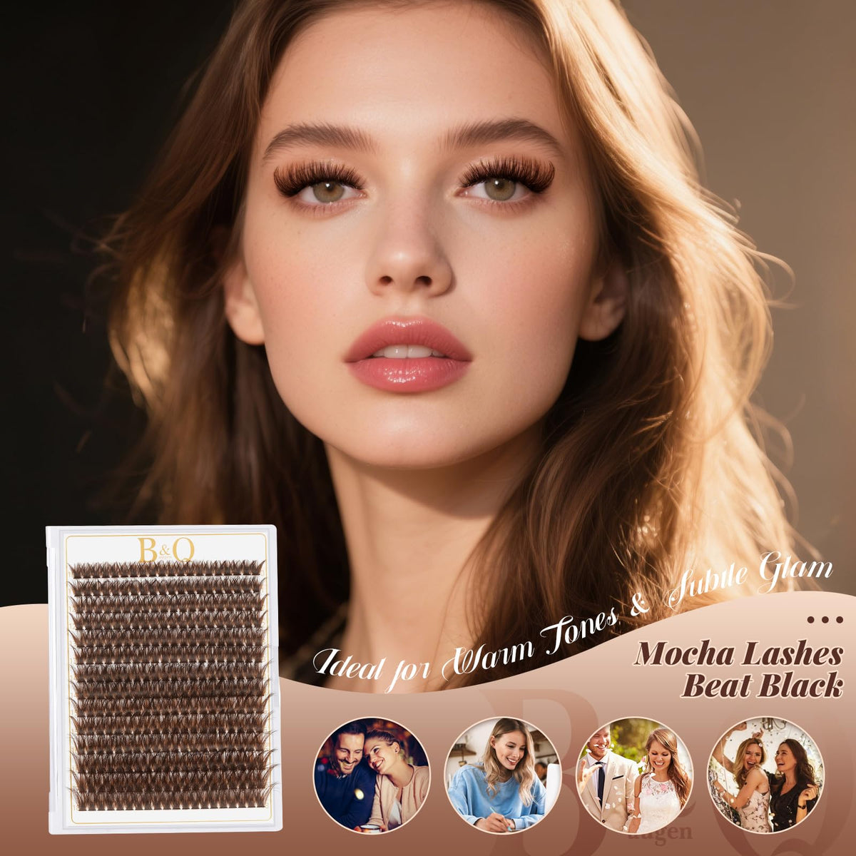 B&Qaugen Mocha Brown Lash Clusters showing natural and wispy styles
