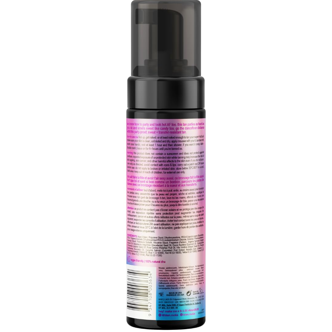 B.TAN Large Candy Scented Self Tanner Mousse back view with ingredient list