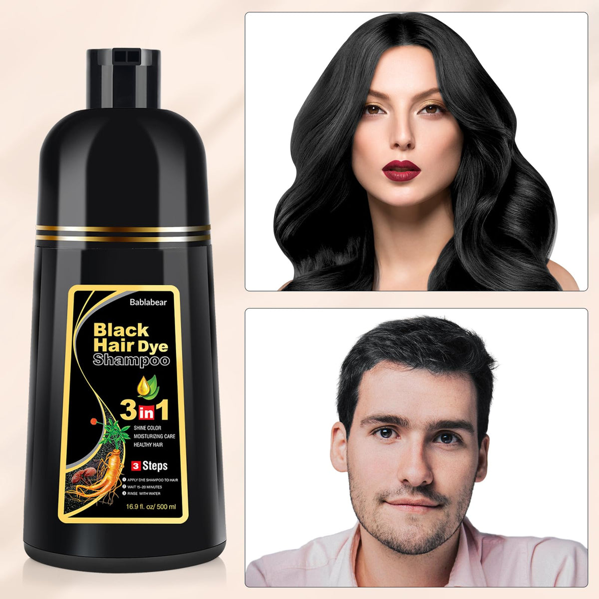Bablabear Black Hair Dye Shampoo 500ml back view