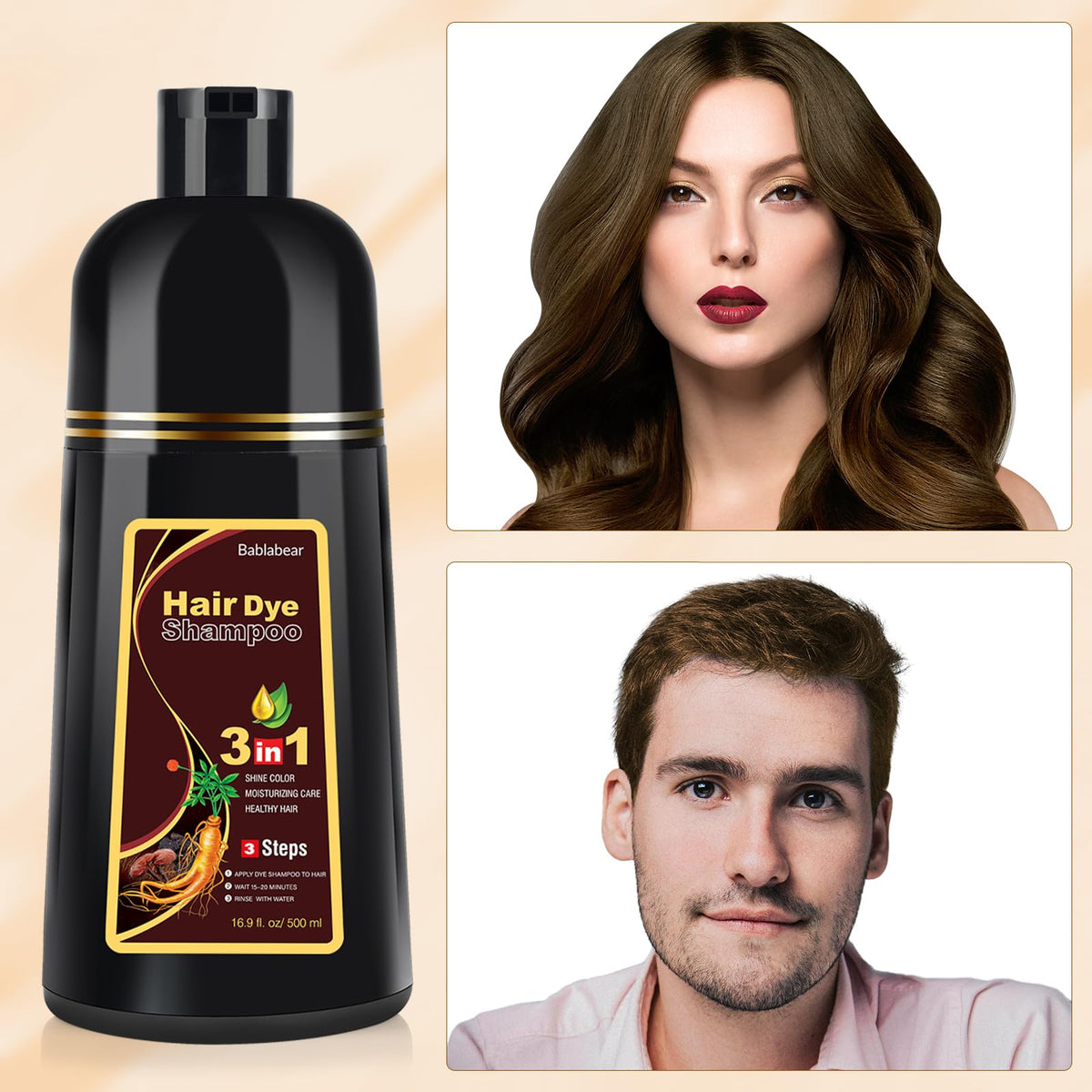 Bablabear Brown Hair Dye Shampoo 500ml back view with ingredients