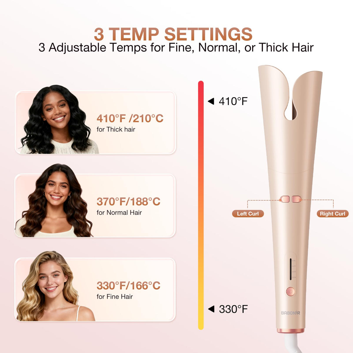 BABONIR Automatic Curling Iron with temperature settings displayed