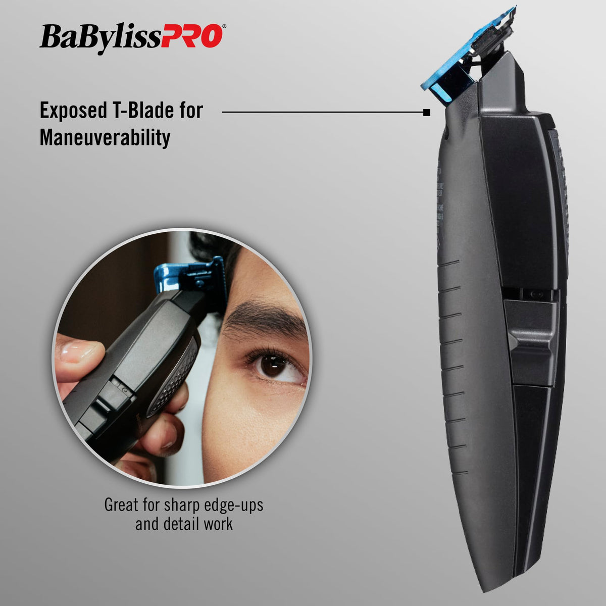 BaBylissPRO LithiumFX+ Trimmer blue chrome titanium blade close-up