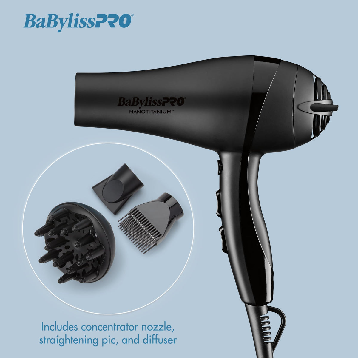 BaBylissPRO Nano Titanium Hair Dryer with nozzle attachment