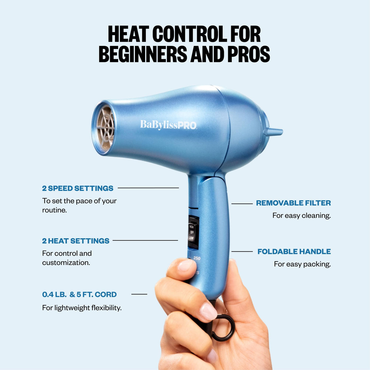 BaBylissPRO The Traveler Folding Hair Dryer in a travel bag