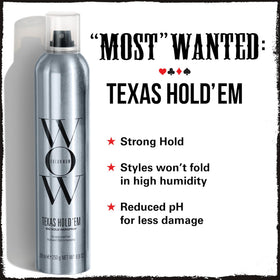 Back of COLOR WOW Texas Hold 'Em Big Hold Hairspray packaging