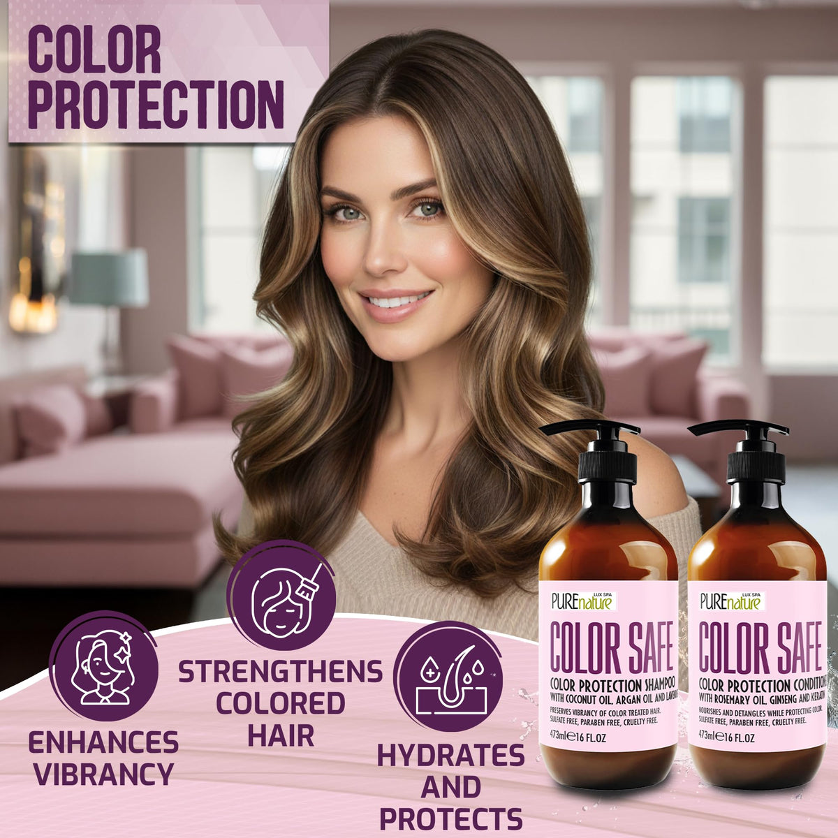 Back of PURE NATURE LUX SPA Color Safe Shampoo and Conditioner Set packaging