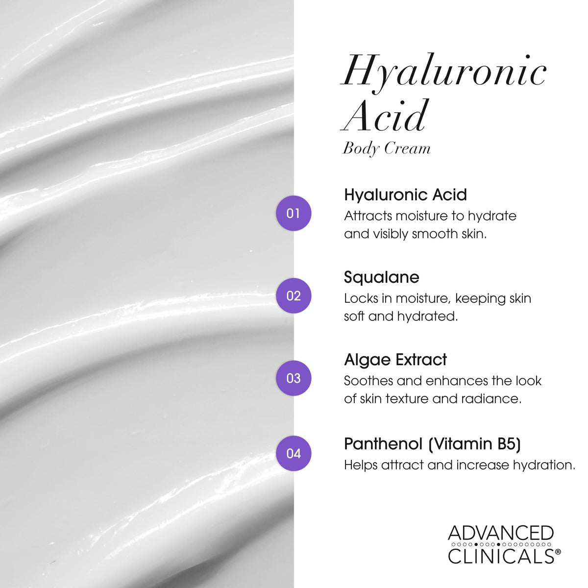 Back view of Advanced Clinicals Hyaluronic Acid Moisturiser packaging