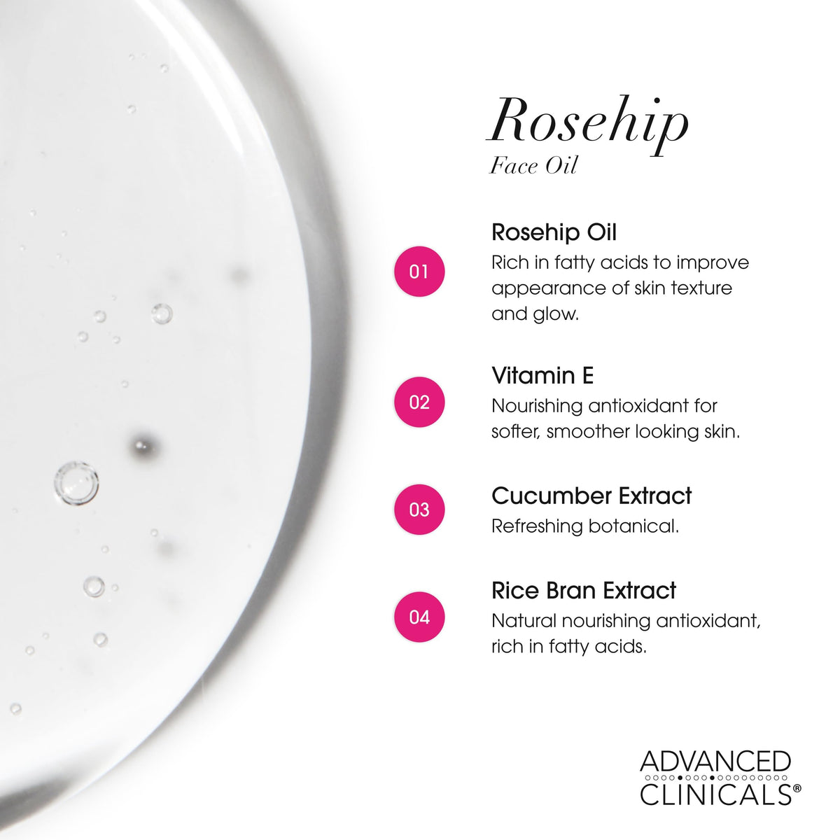Back view of Advanced Clinicals Rosehip Oil Face Serum packaging