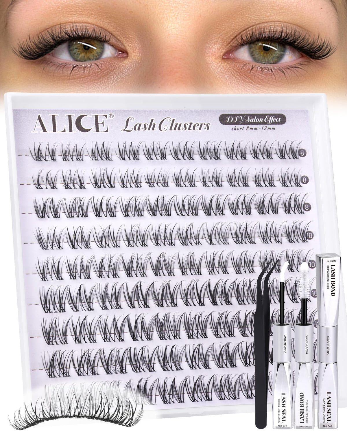 Back view of ALICE Short Lash Clusters Kit with product details