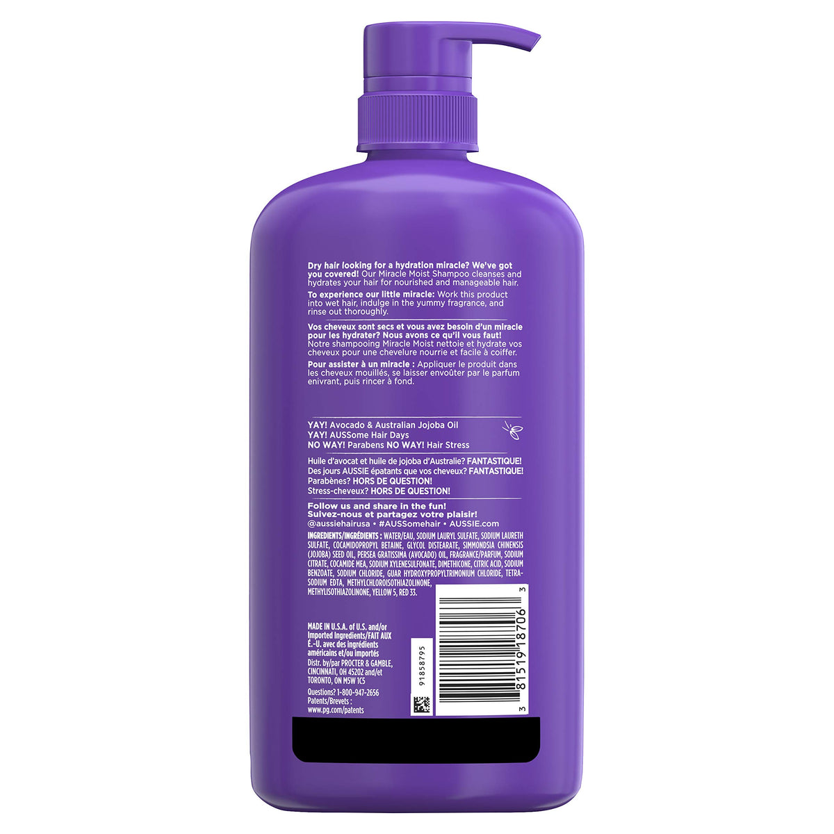 Back view of Aussie Miracle Moist Shampoo bottle