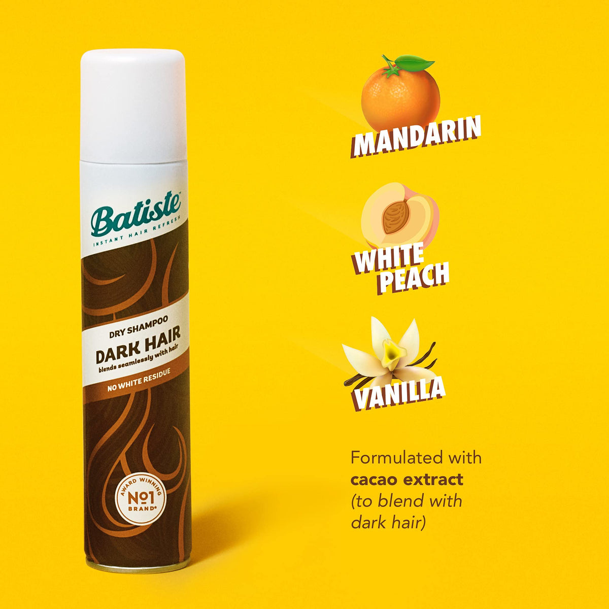 Back view of Batiste Dark Dry Shampoo bottle showing ingredients