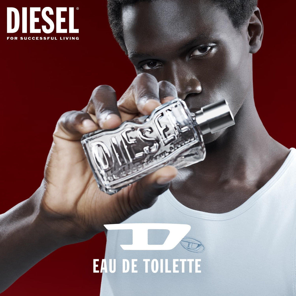 Back view of Diesel D bottle highlighting refillable feature